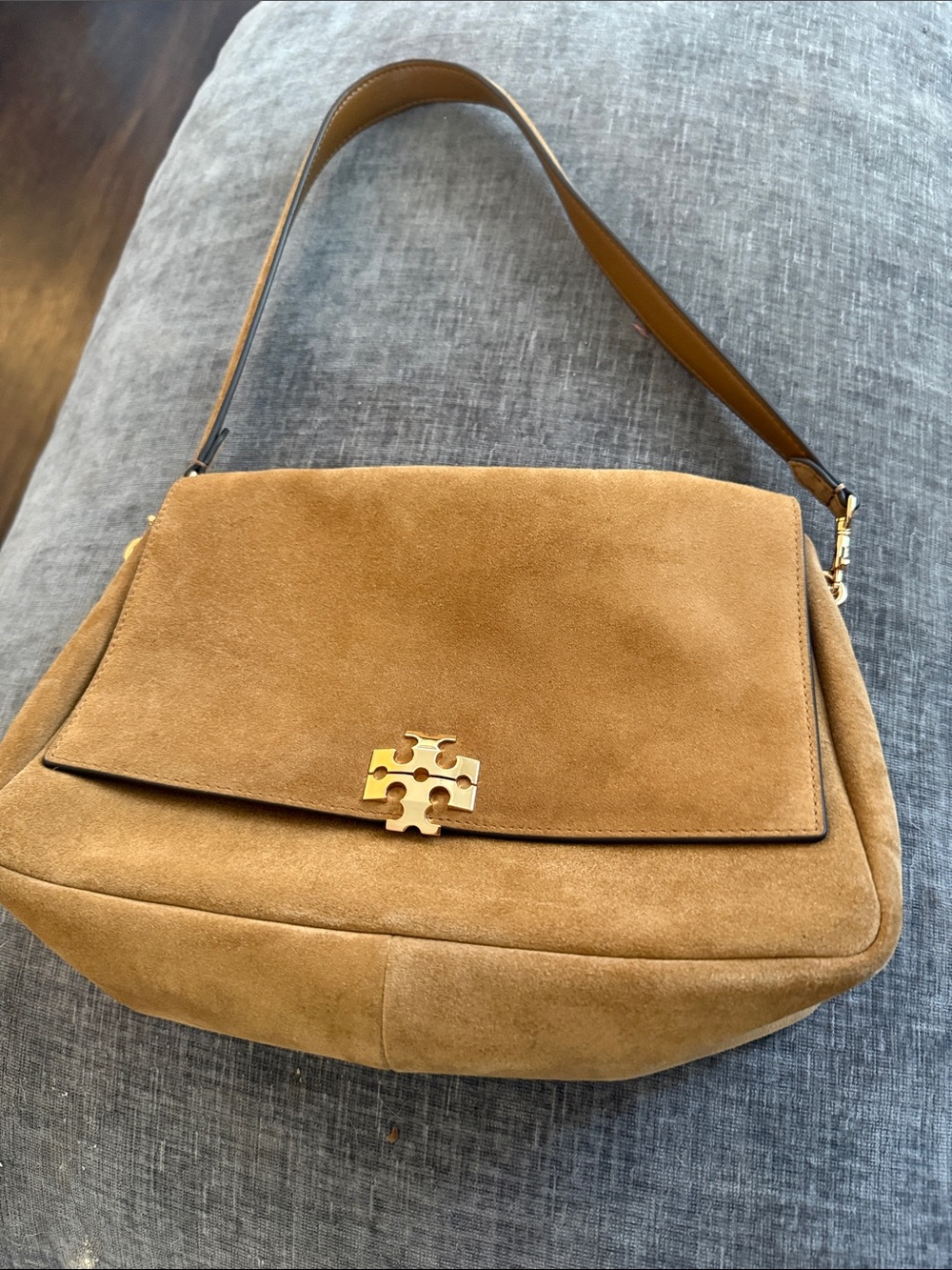 Tory Burch Suede Charlie Shoulder Bag with Gold Logo